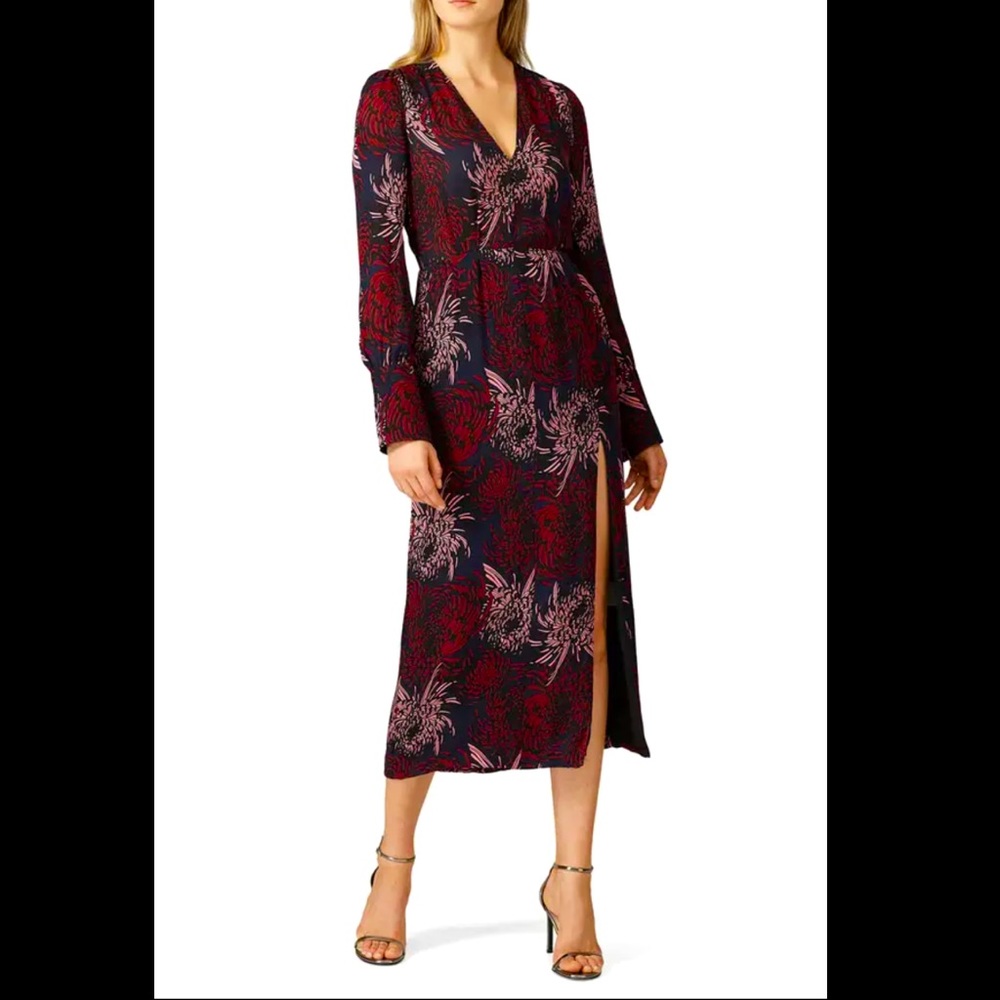 A.L.C. Bailey Dark Red Floral Silk Midi Side Front Slit Dress Long Sleeve sz 12